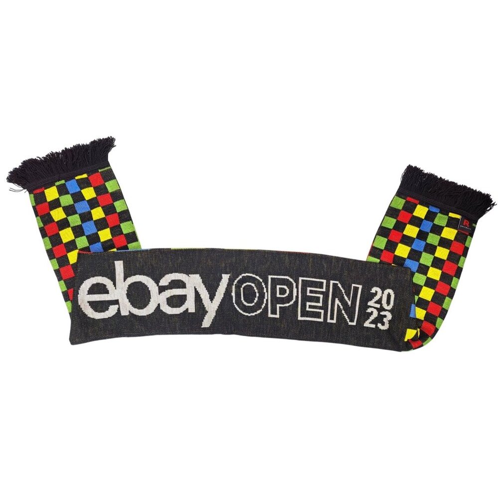 eBay Open 2023 Neck Scarf Reversible Checkered Striped Black Multicolor Fringe